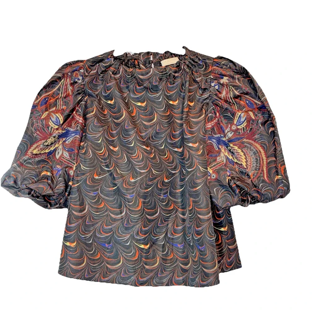 Ulla Johnson Lorena Puff Sleeve Top Obsidian Marble Print Taffeta Size 2